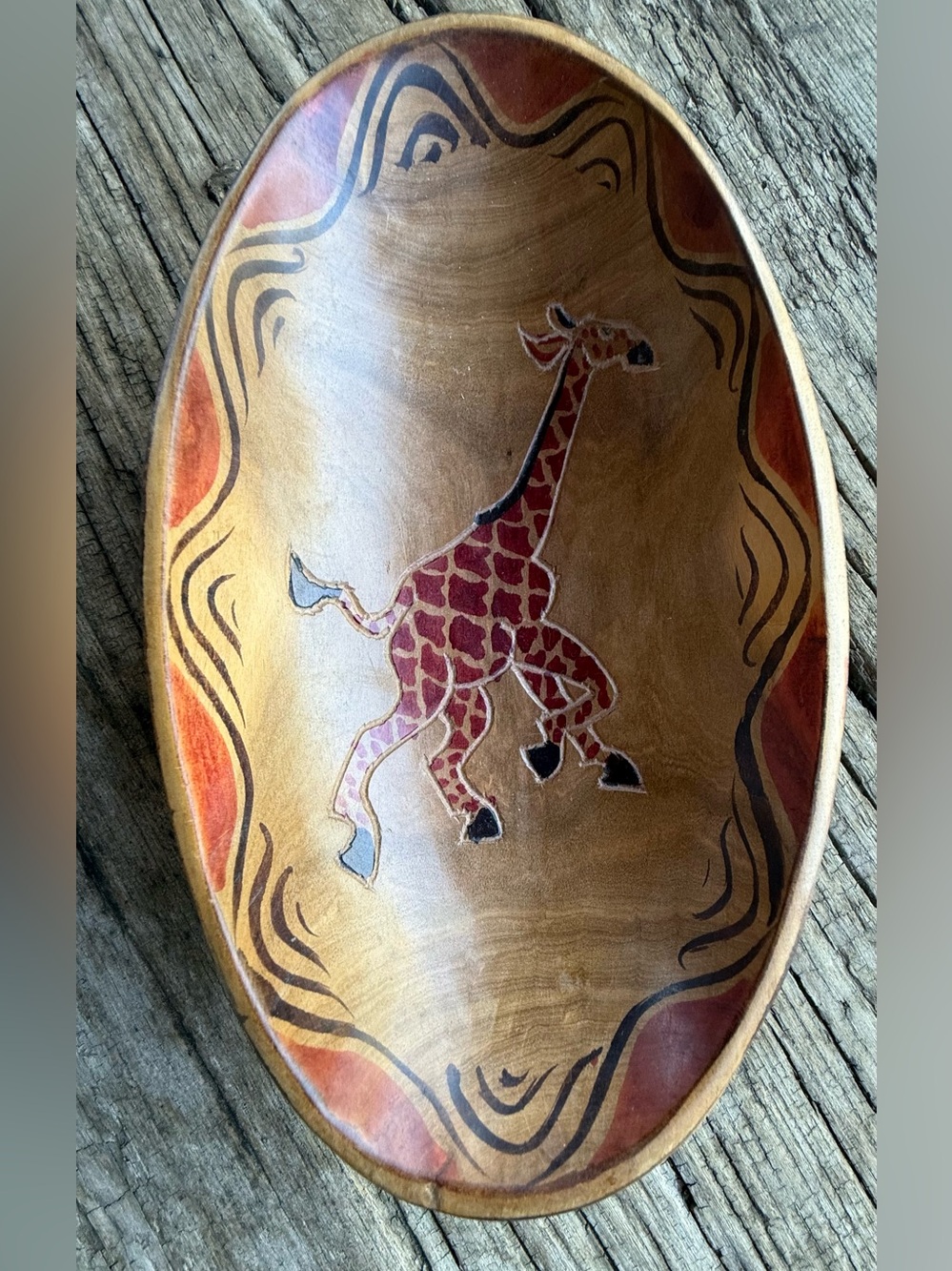 African Handcrafted Wooden Giraffe Decorative Bowl - Red, Black and Natural